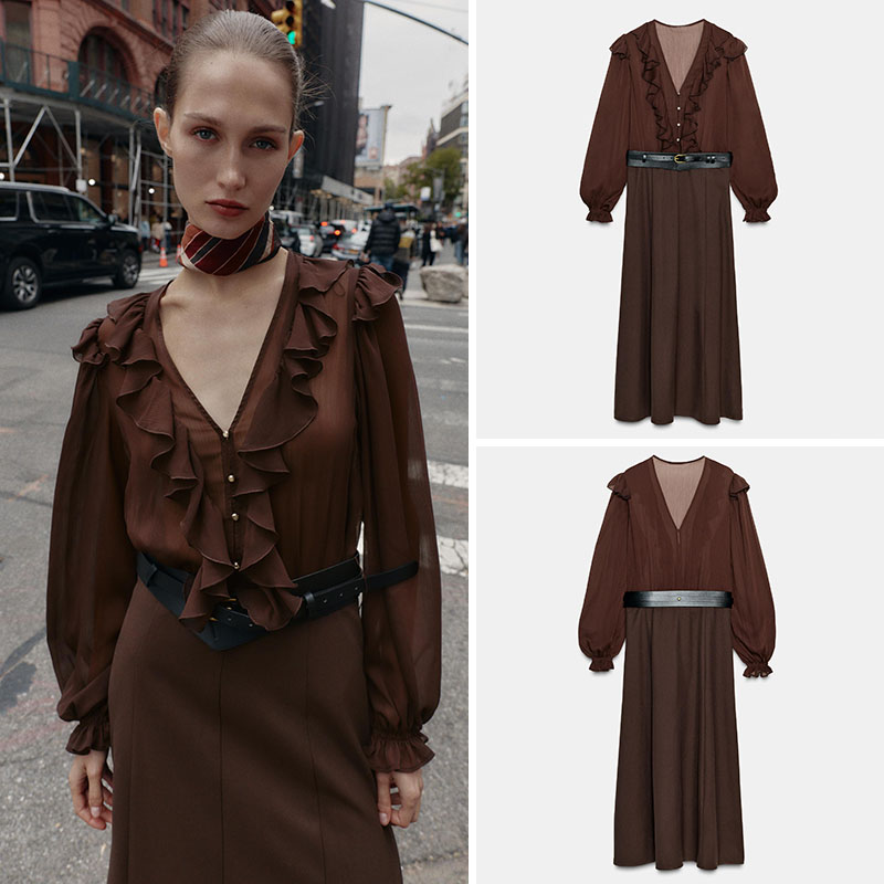 New Ethnic Fashion - Elegantes V-Ausschnitt Langarm-Midikleid Neue Herbstmode für