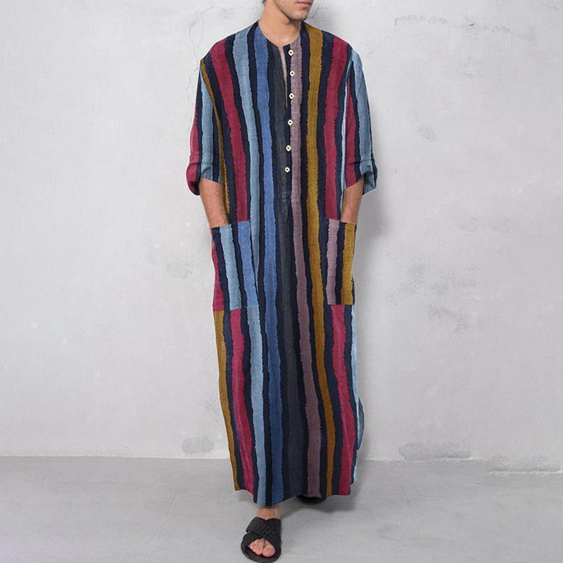 Ethnic Wear Fashion Designer - Herren Langes Gestreiftes Bedrucktes Hemd Ethnischer