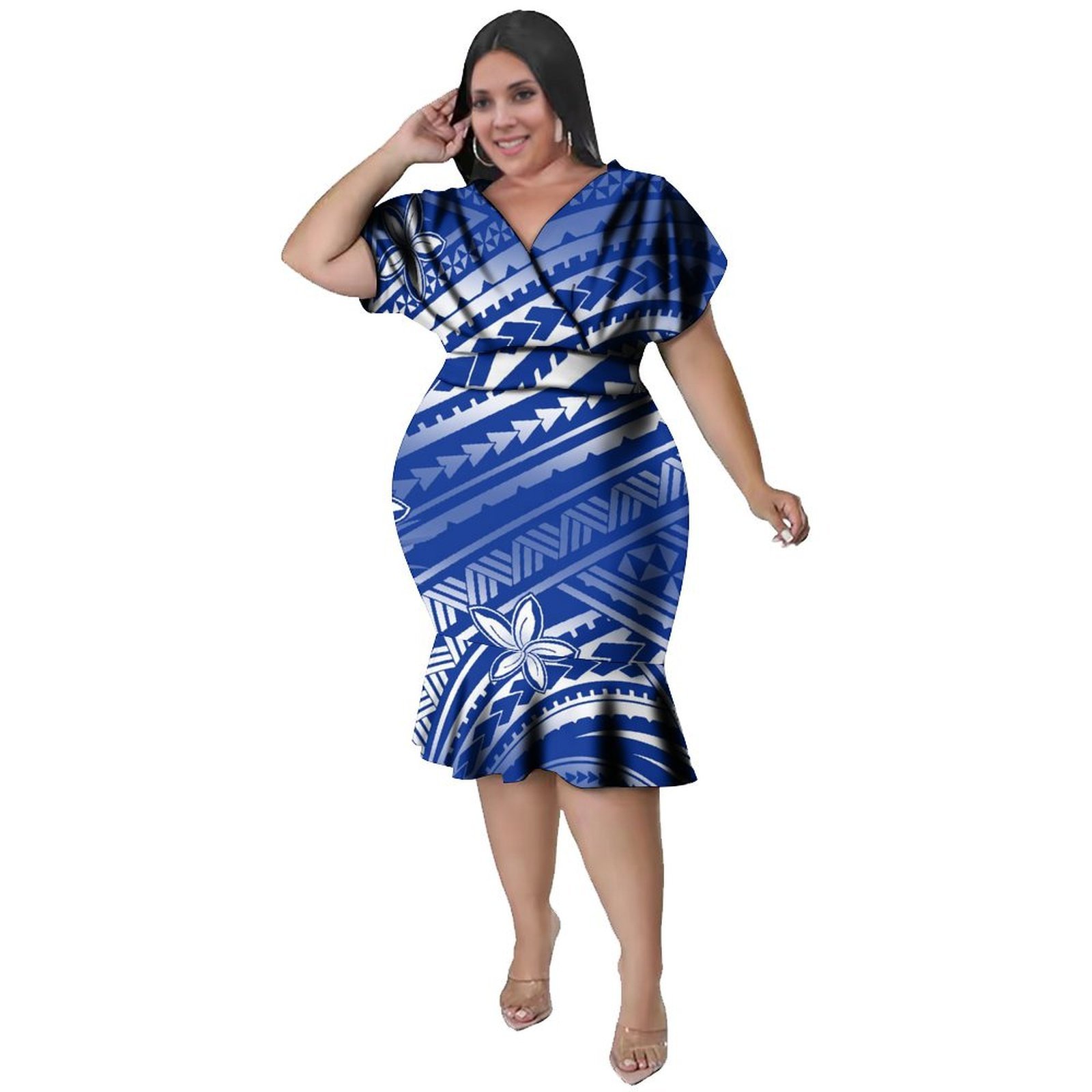 Ethnic Style Dresses - V-Ausschnitt Damenkleid im Polynesischen Stil Knielang