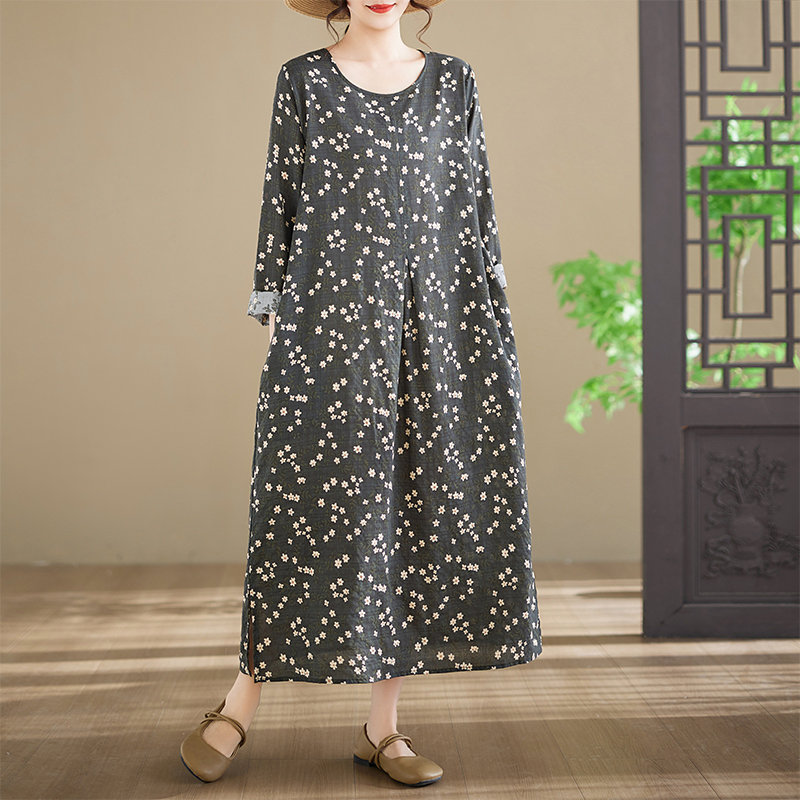 Ethnic Style Dresses - Neues Plus-Size Langarm-Baumwollkleid mit Rundhalsausschnitt, bedrucktes