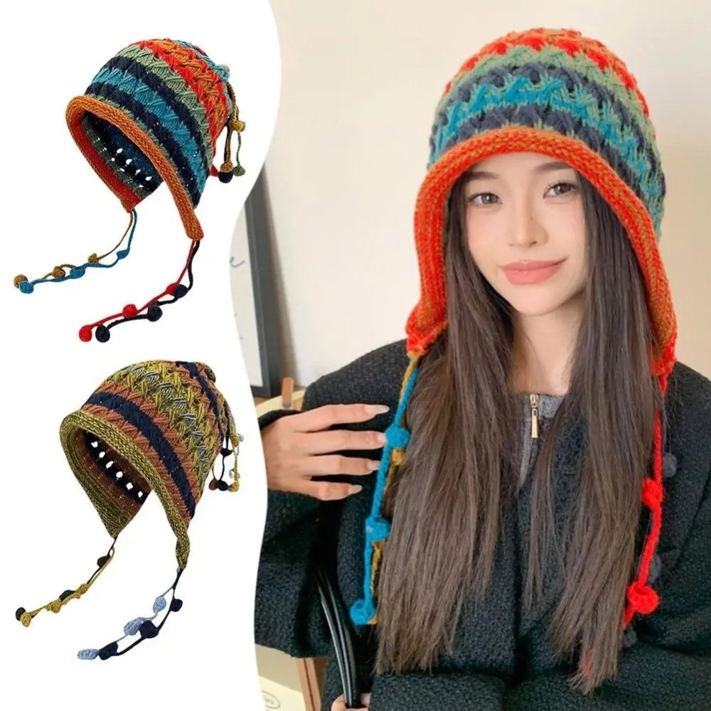 Winter Ethnic Fashion For Women - Modische Regenbogen-gestreifte Strickmütze aus Wolle mit
