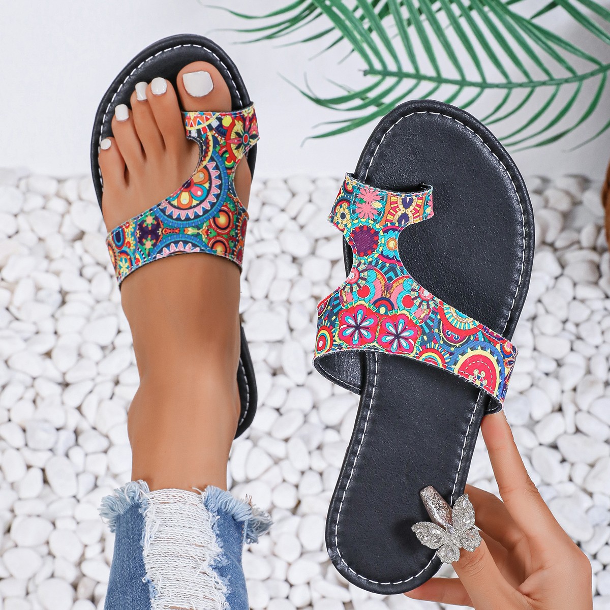 Women'S Ethnic Fashion Brands - Breite Ethno-Flachsandalen für Damen – Atmungsaktive