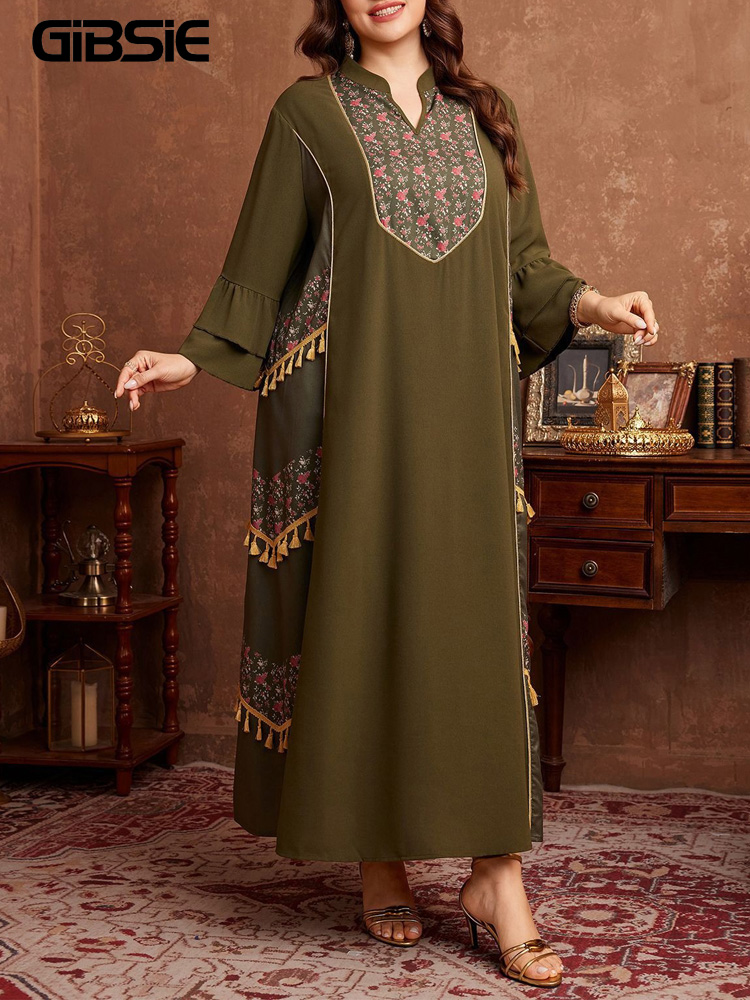 Ethnic Style Dresses - GIBSIE Übergröße Ethnischer Stil Bedrucktes Quasten-Abaya-Kleid